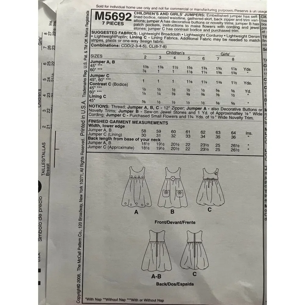 McCalls pattern 5692 girls dress jumper apron dress